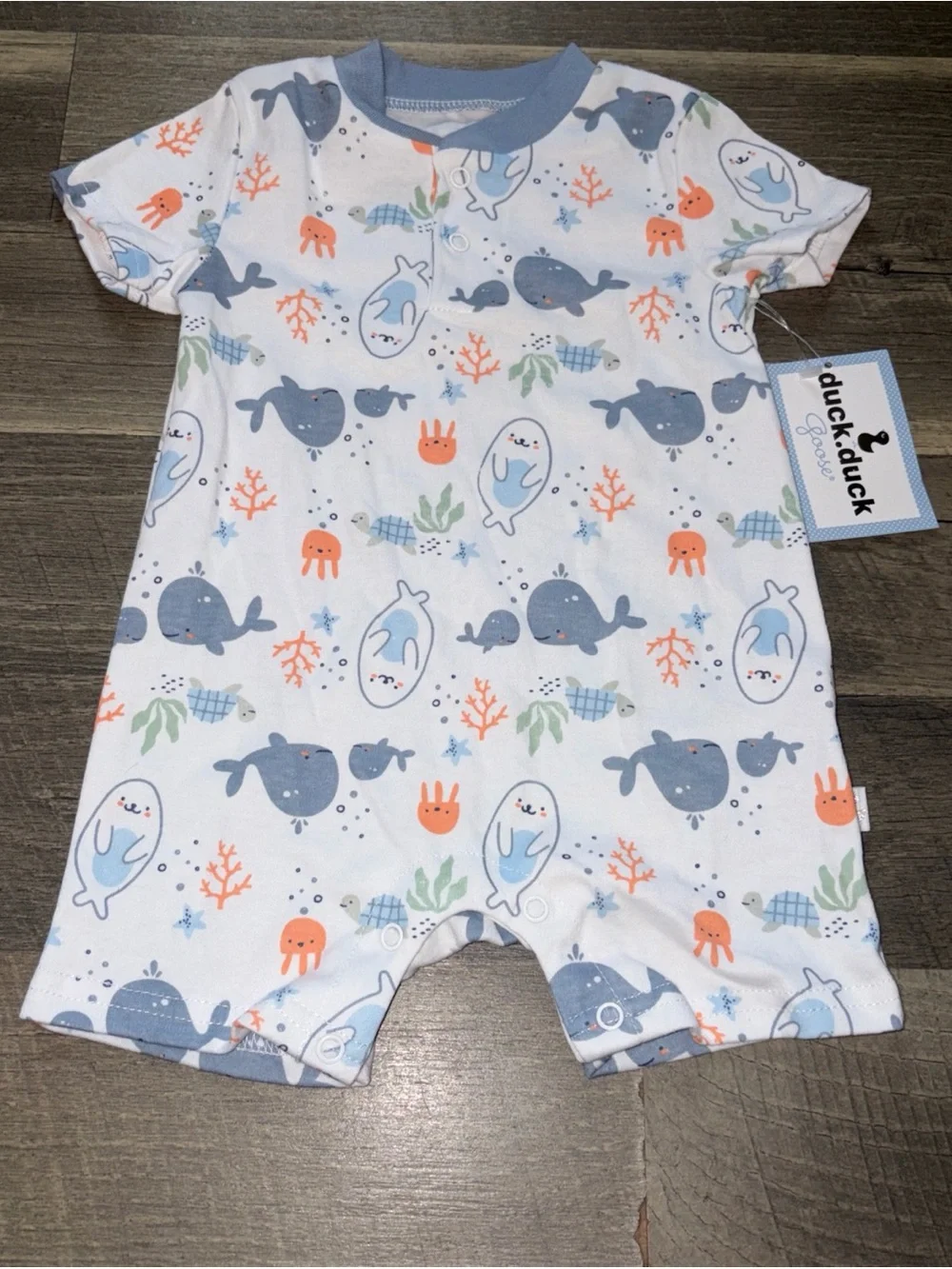Duck Duck Goose Baby Romper Boy Blue White Sea‎ Animals NEW Size 6-9 M Months